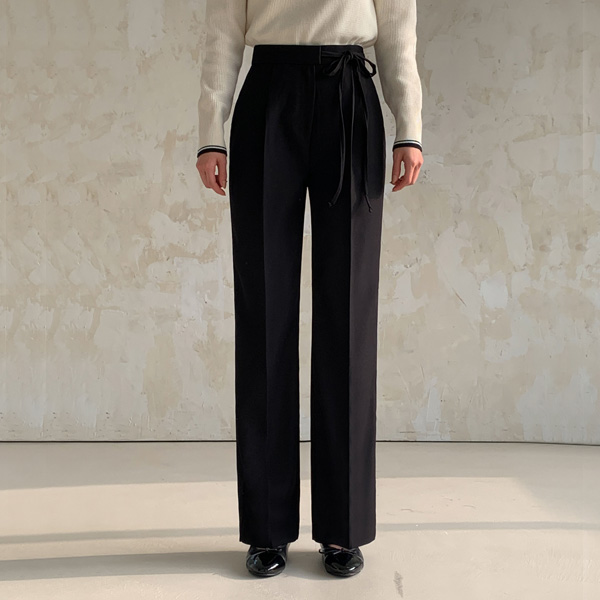 Scoop bowknot pin tuck wide slacks (SL)