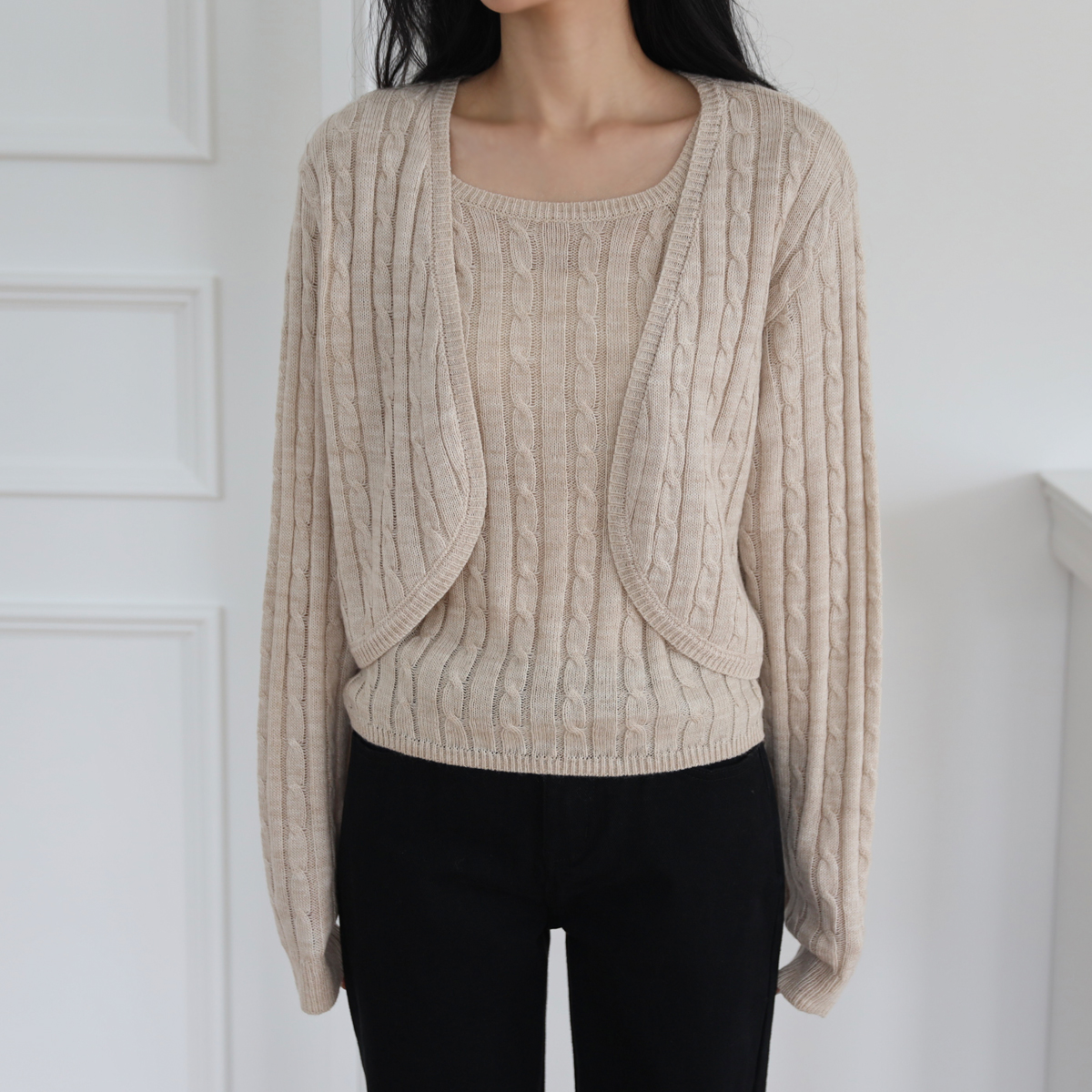 Olive Bolero Knit Cardigan Set (Wool 20%)