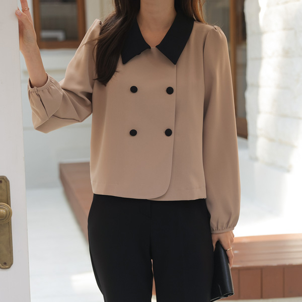 Rose Coco Color Block Collar Jacket Blouse (Long-sleeve)