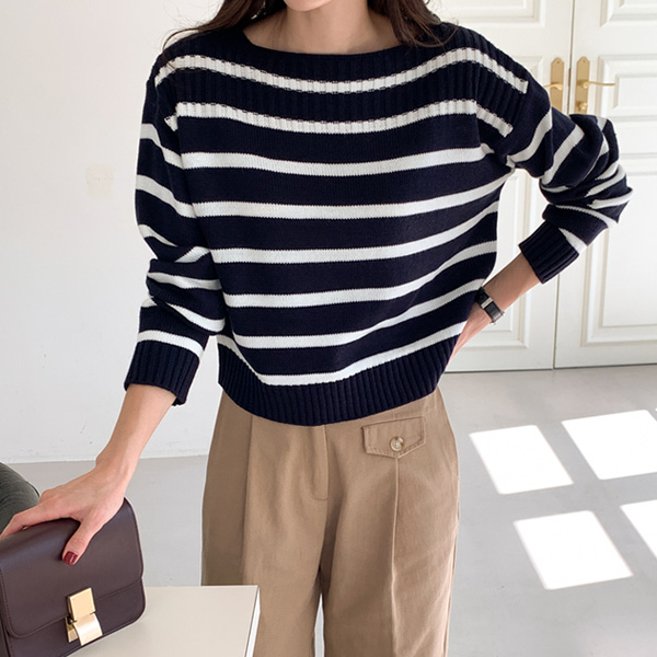 [NEW]Oen Stripe Boat Neck Knit