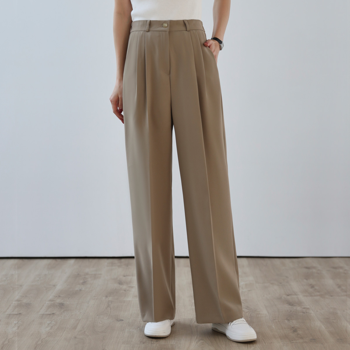 Bird back banding pin tuck wide slacks (F, L)