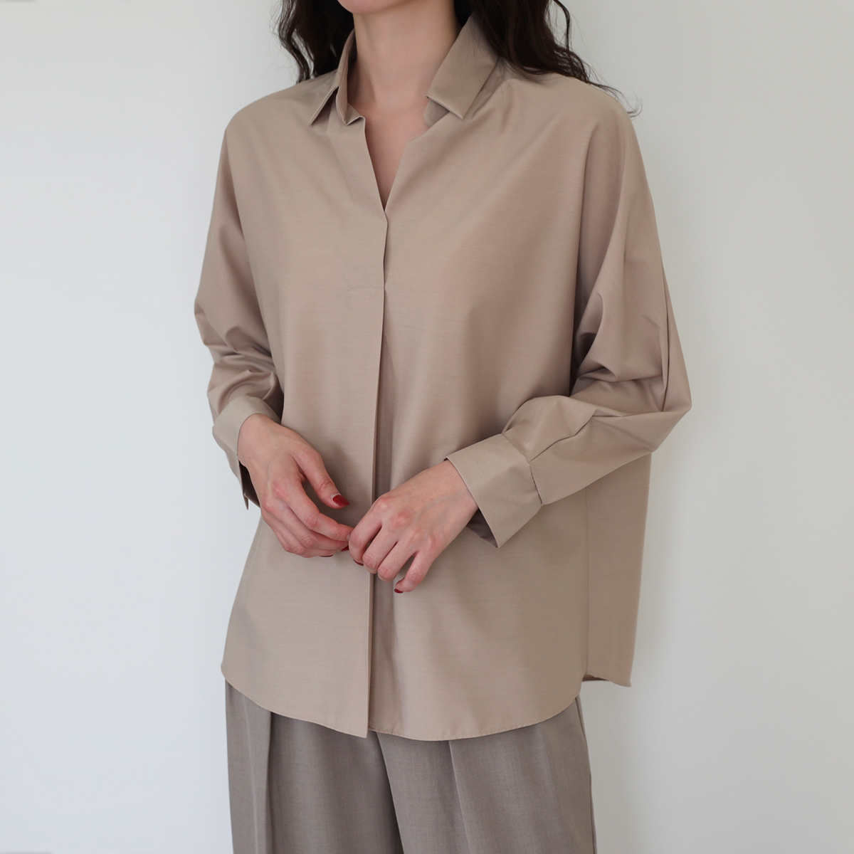 High-quality silky open collar blouse