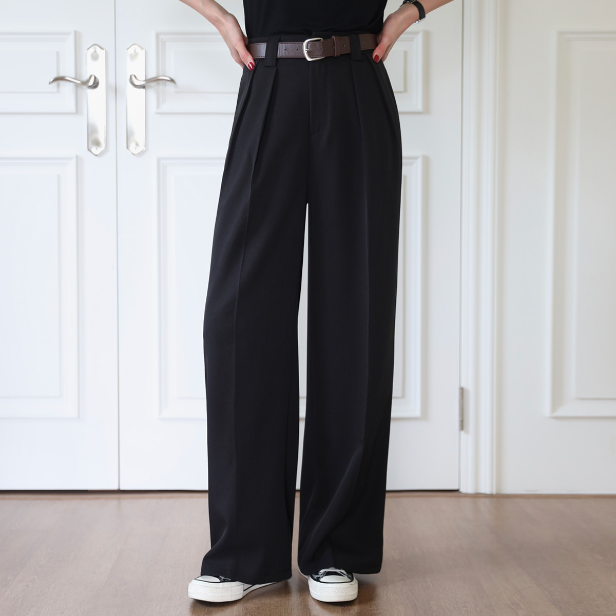 Belt set two-pin tuck wide slacks (S-XL)