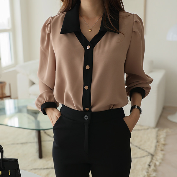 Object color blocking collar long sleeve blouse