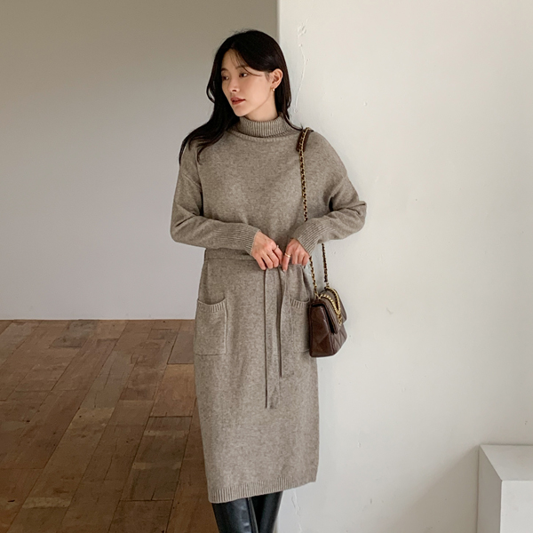 Emma Turtleneck Belt Wool Knit One Piece