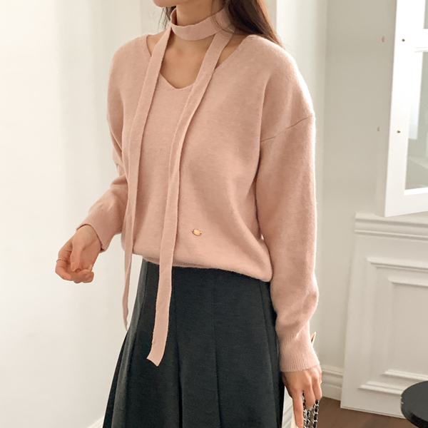 <font color="bb4b57"><b>Limited quantity SALE</b></font><br> [mufflerset] Rubble loose fit V-neck Knit