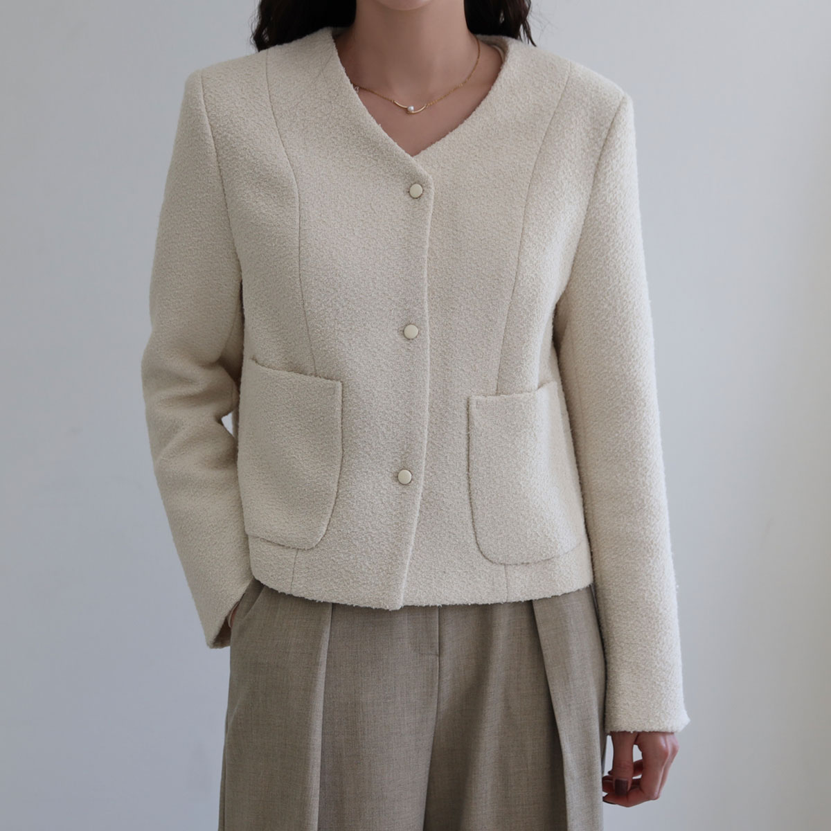 Elles No collar tweed jacket