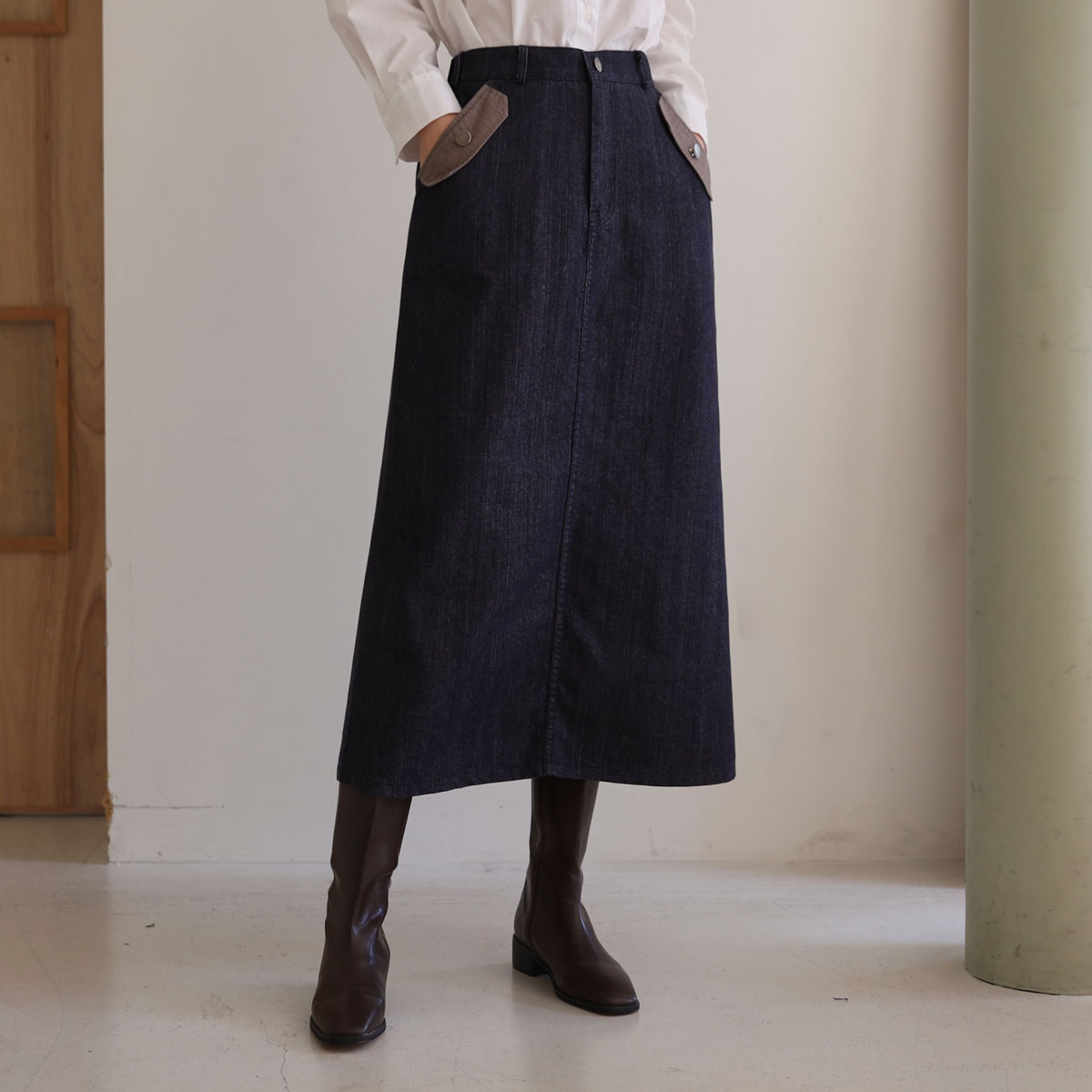 Double non-fade color blocking pocket denim skirt