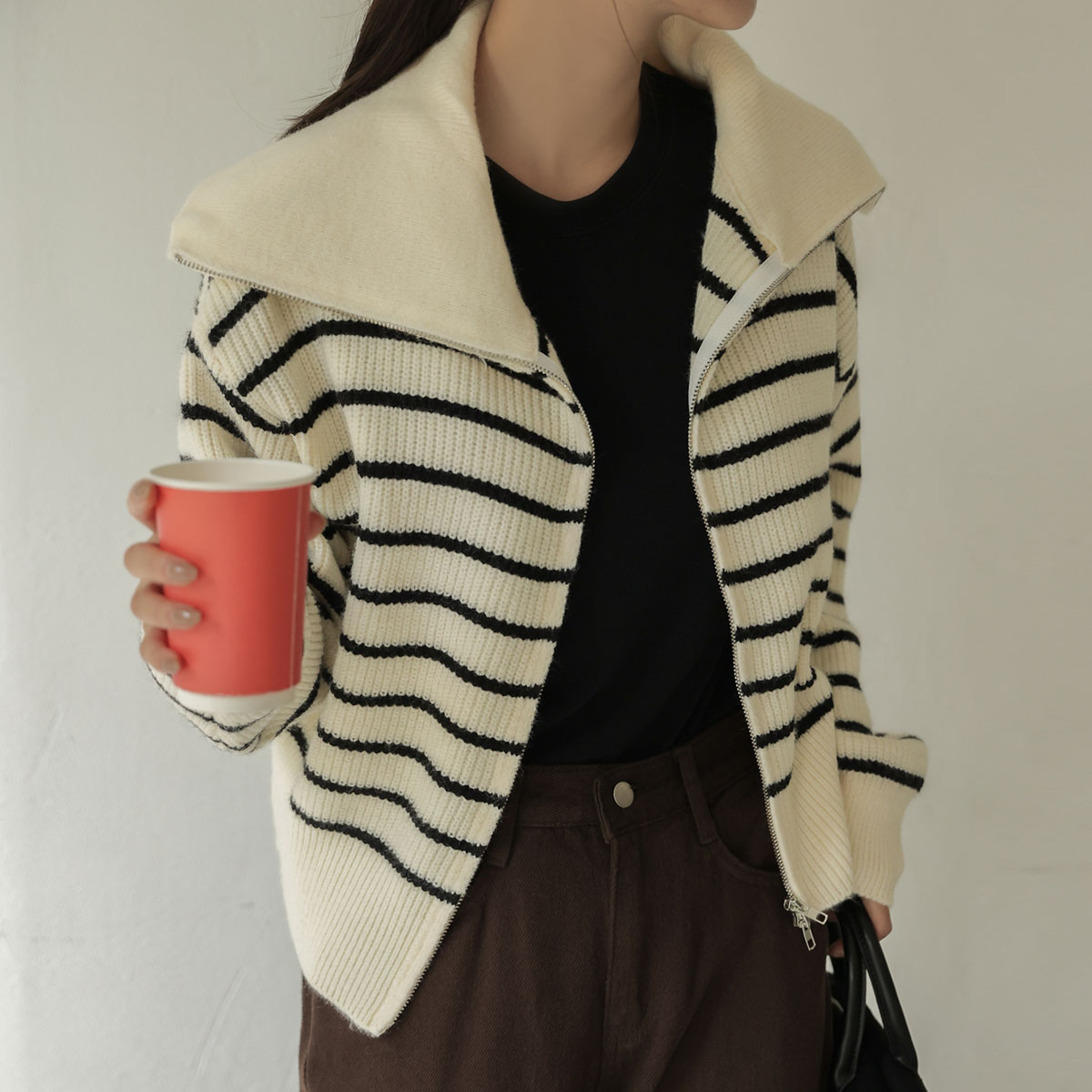 Stripe two-way Zip knit