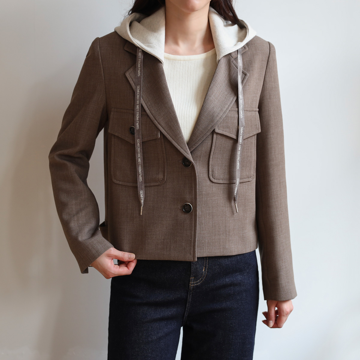 Hooded detachable double pocket crop jacket