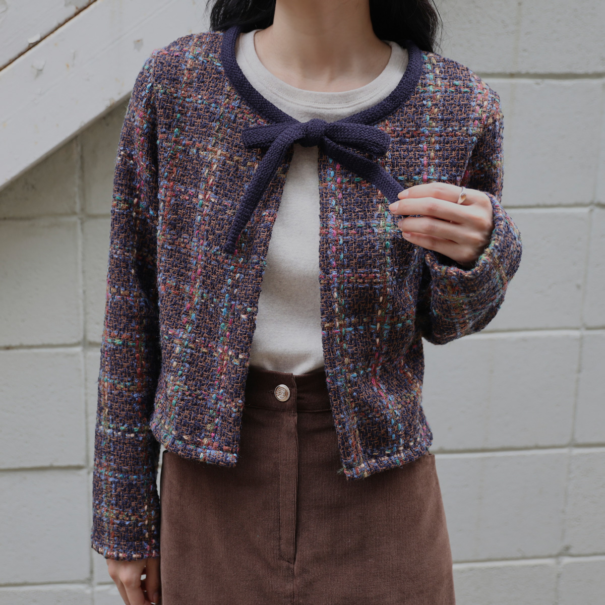 Timo Check Tweed Ribbon Cardigan