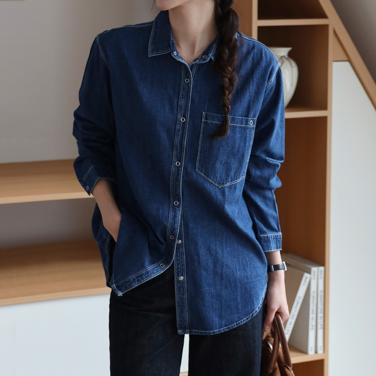 Snap button pocket denim shirt