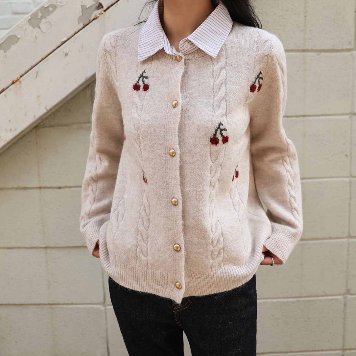 Cherry Shirt Layered Cardigan (Wool 5%)