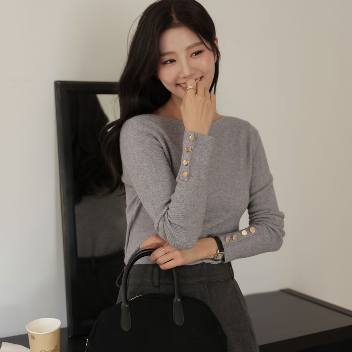 Soft modal button lip neck knit