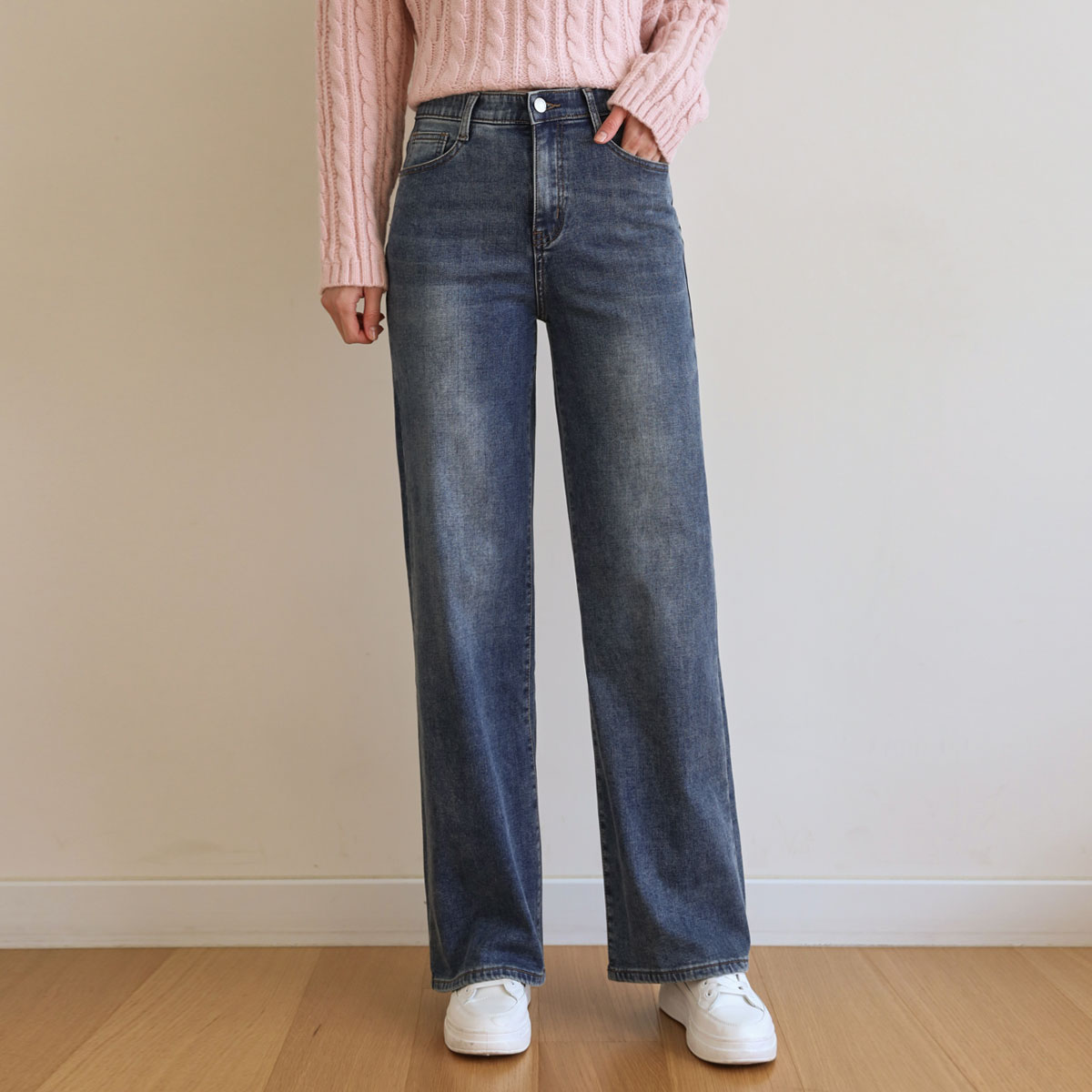 Jelly tension warm fleece semi-wide denim pants (S-3XL)