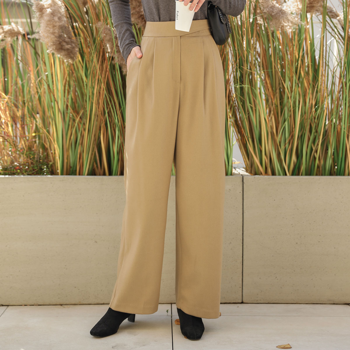 Belted Button Pin Tuck Wide Slacks (SL)