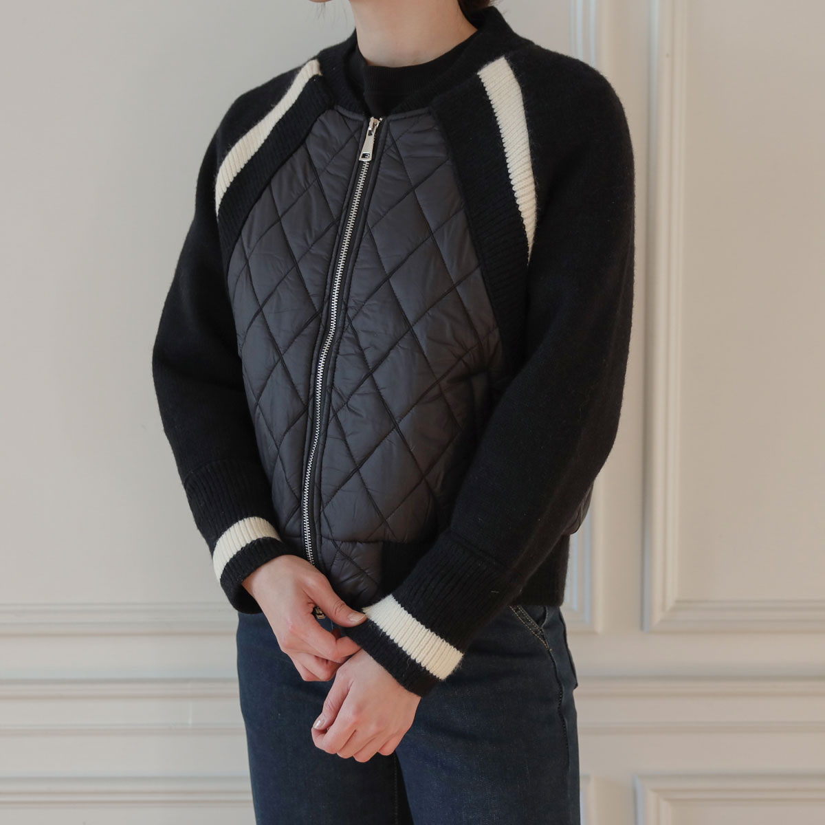 Color block knit diamond quilted padding jumper