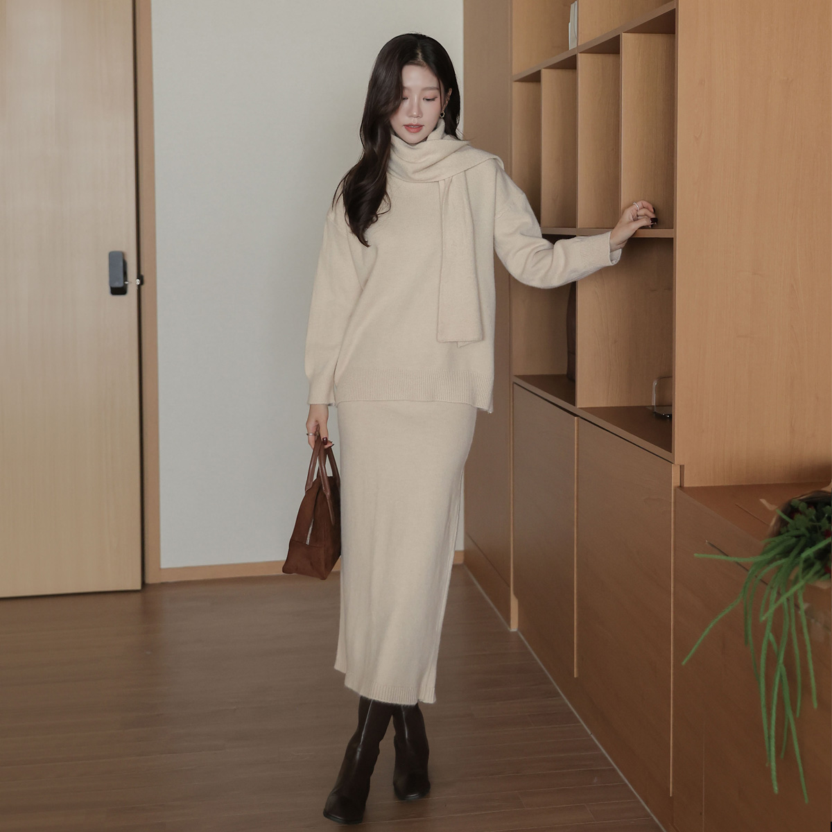 Daily Three-Piece Knit Set (Knit+Skirt+Scarf)