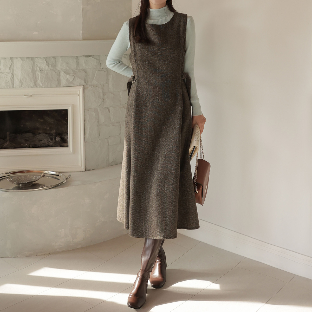 Herringbone Button Vest Dress (15% Wool)