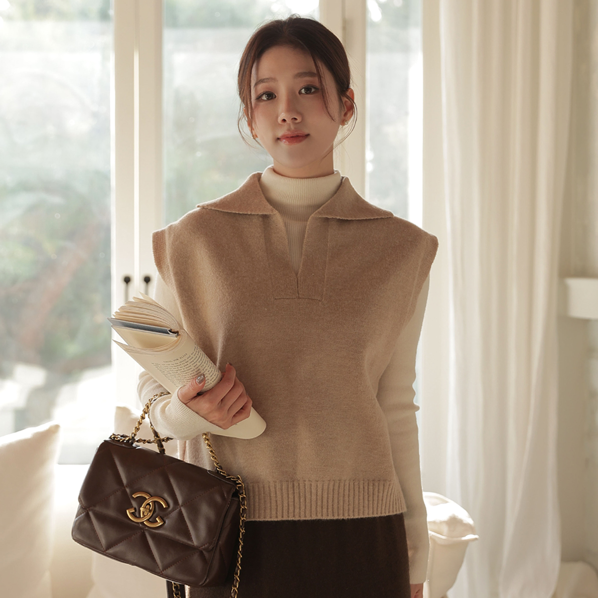 Warm Wool Open Collar Knit Vest (Wool 20%)